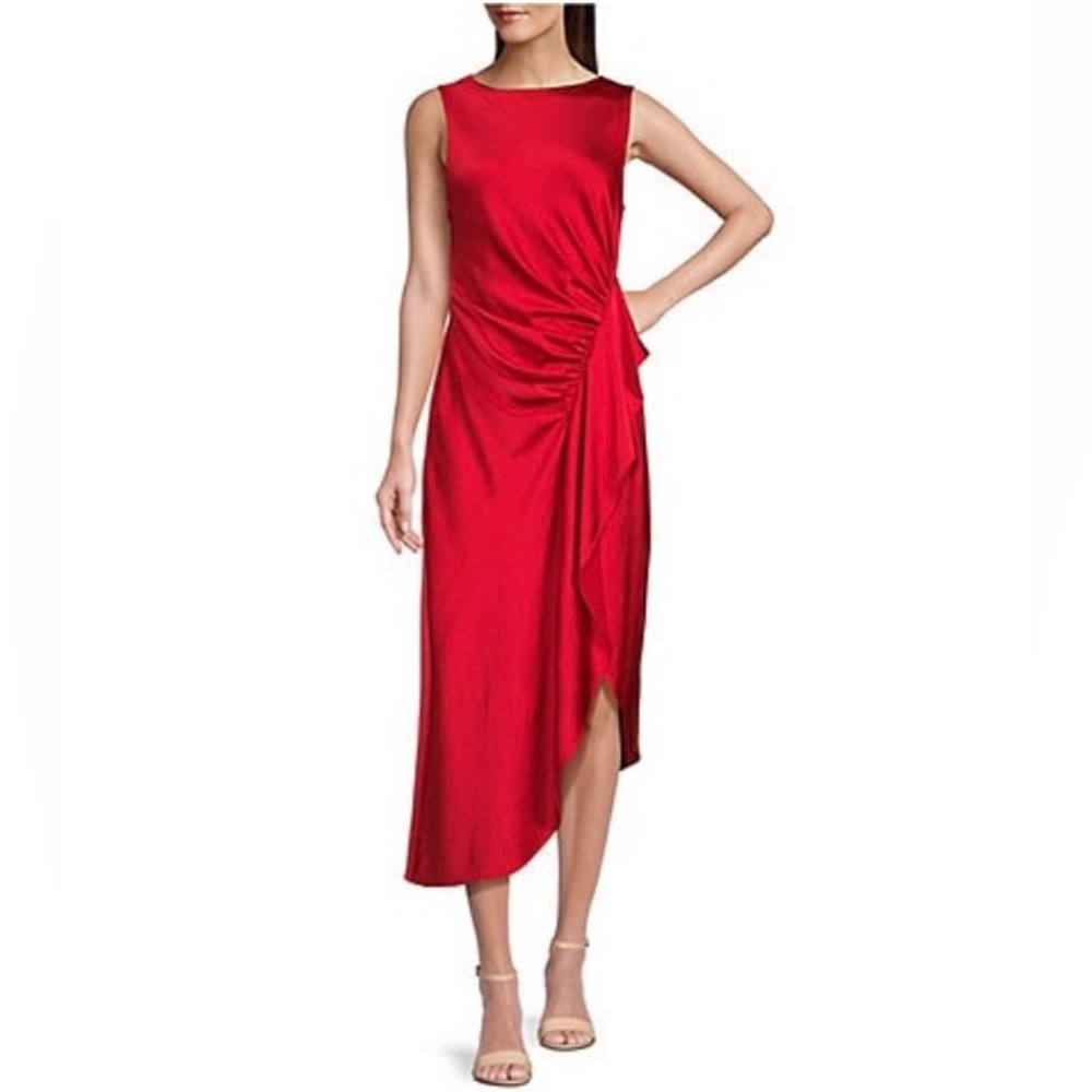 NWT Alex Marie Monica Drapey Satin Sleeveless Midi Dress